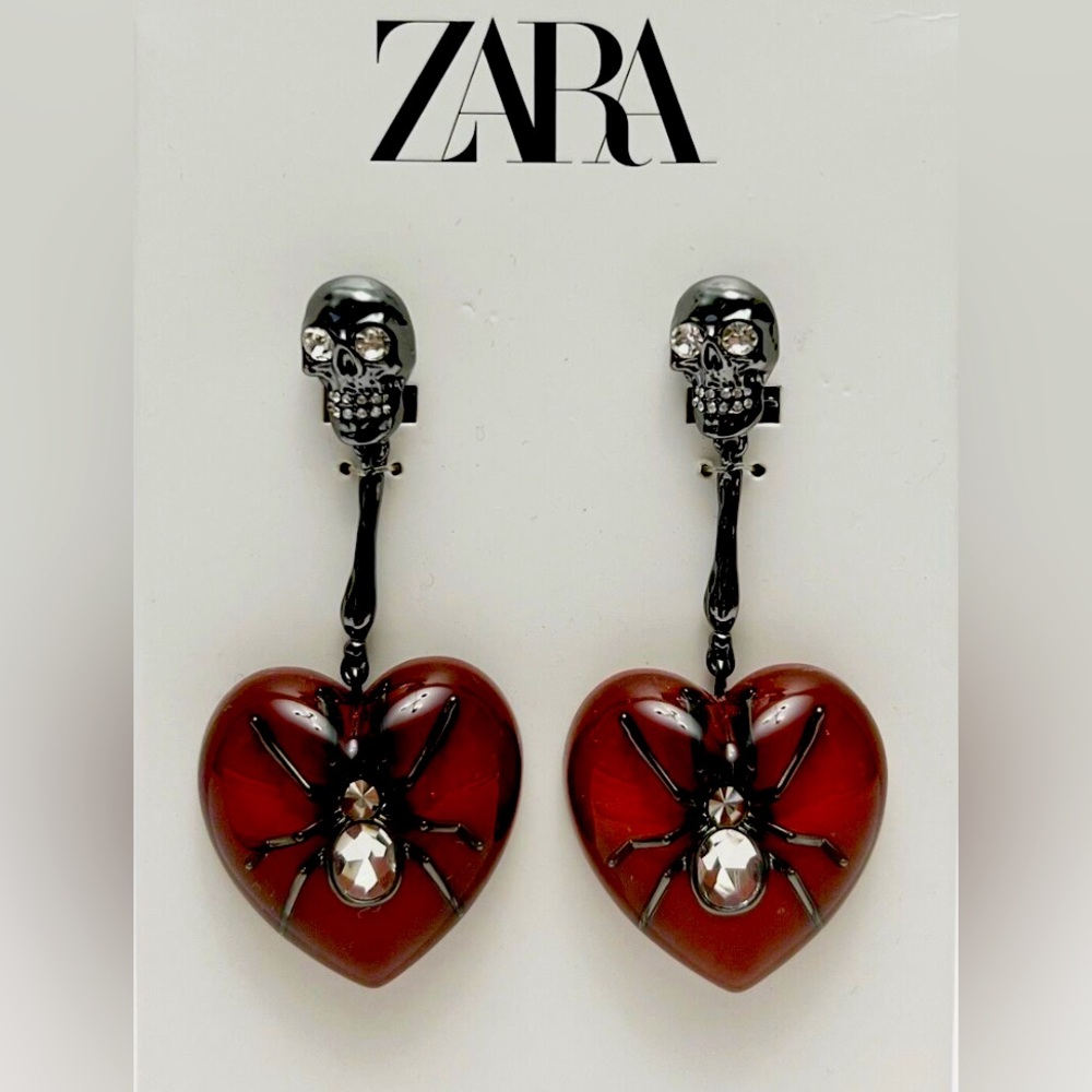 ZARA Red Lucite Goth Heart Spider Skull Earrings…simply awesome 4 Halloween🔥🔥🔥